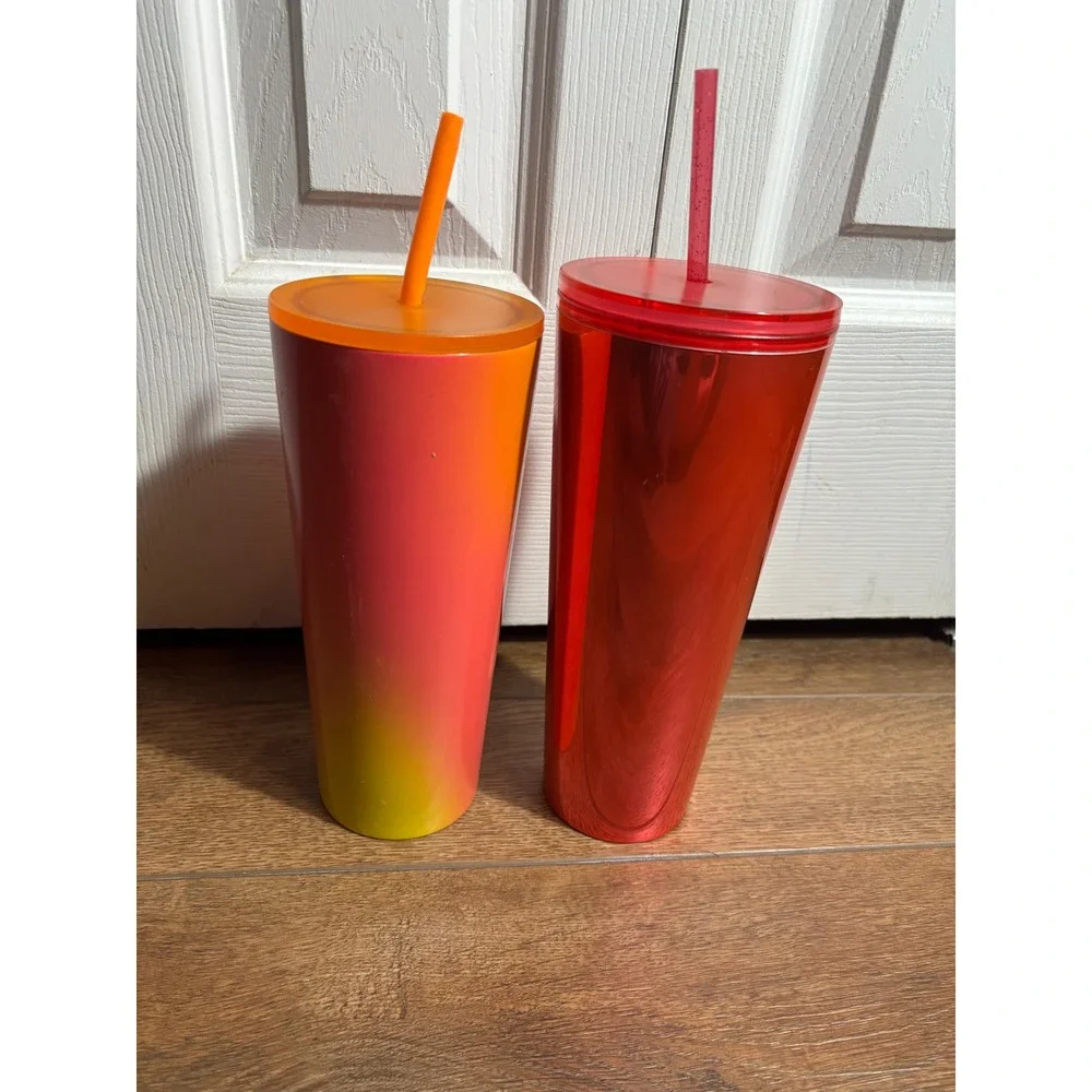 Starbucks Tumbler Cups with Lids and Straws 2 Pack Red Orange Ombre Venti‎